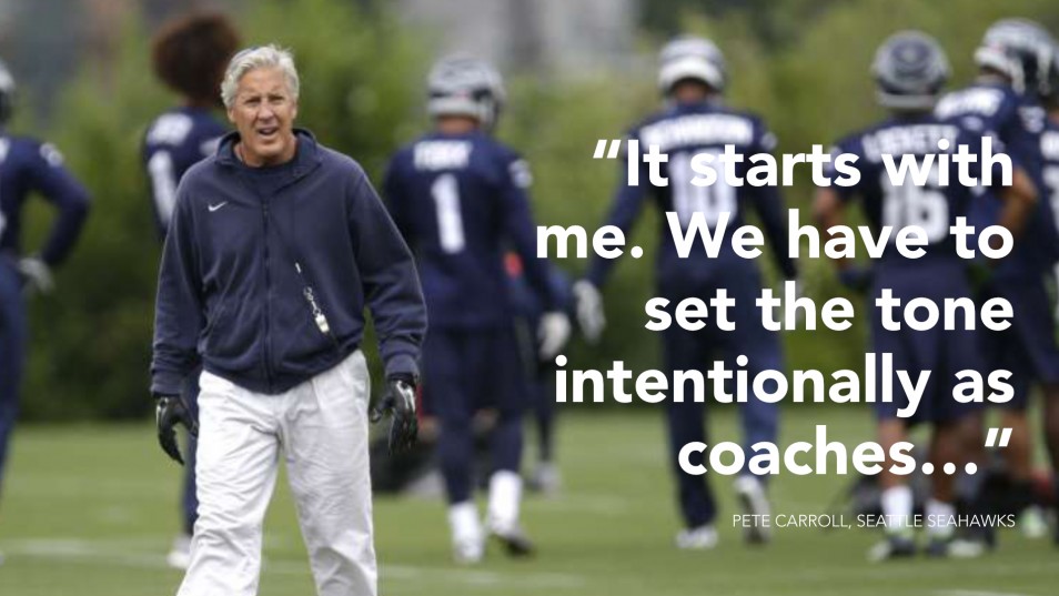 Pete Carroll on practice: "It all starts with me. We have to set the tone intentionally as coaches..."